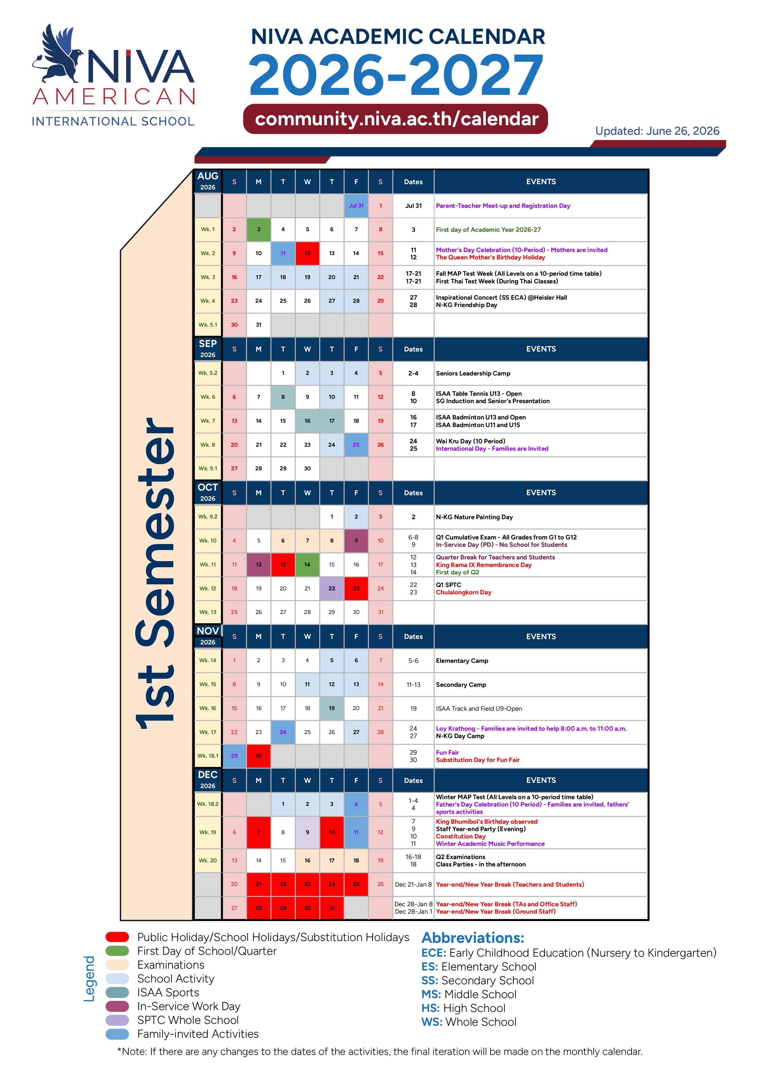NIVA American International School Calendar Page 1