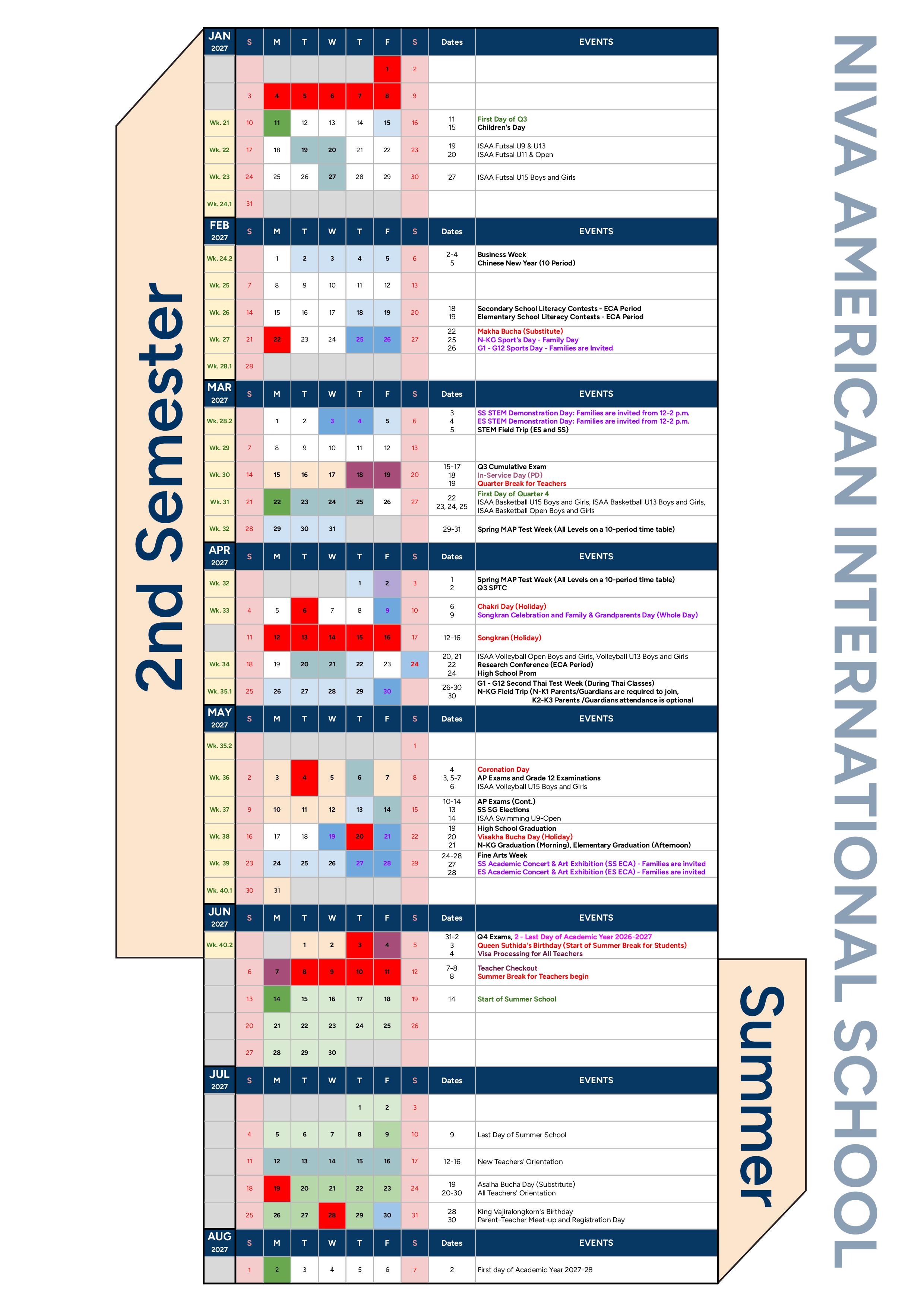 NIVA American International School Calendar Page 2