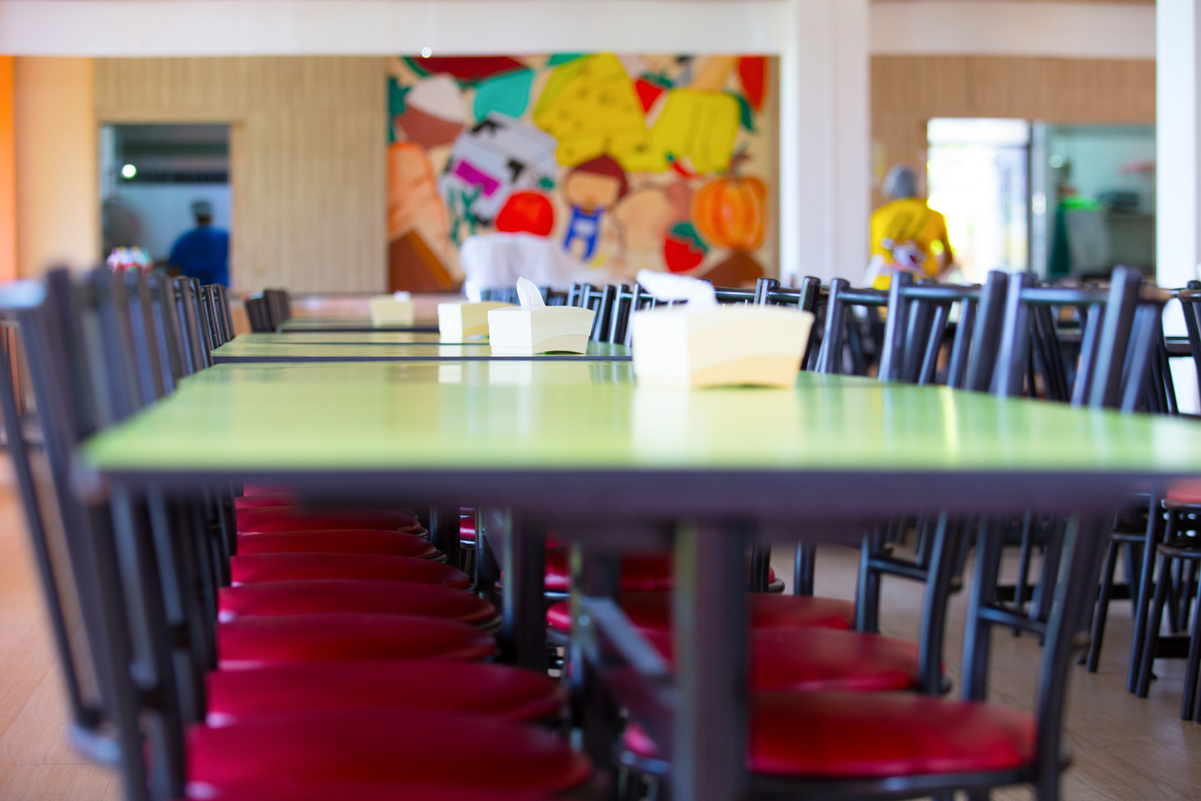Green dining tables with colorful chairs in the canteen
