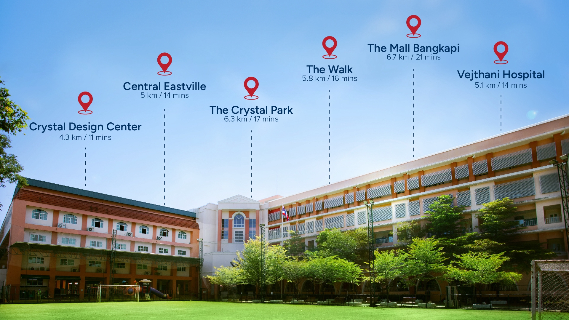 NIVA American International School field with pins showing hospitals and entertainment centers closeby