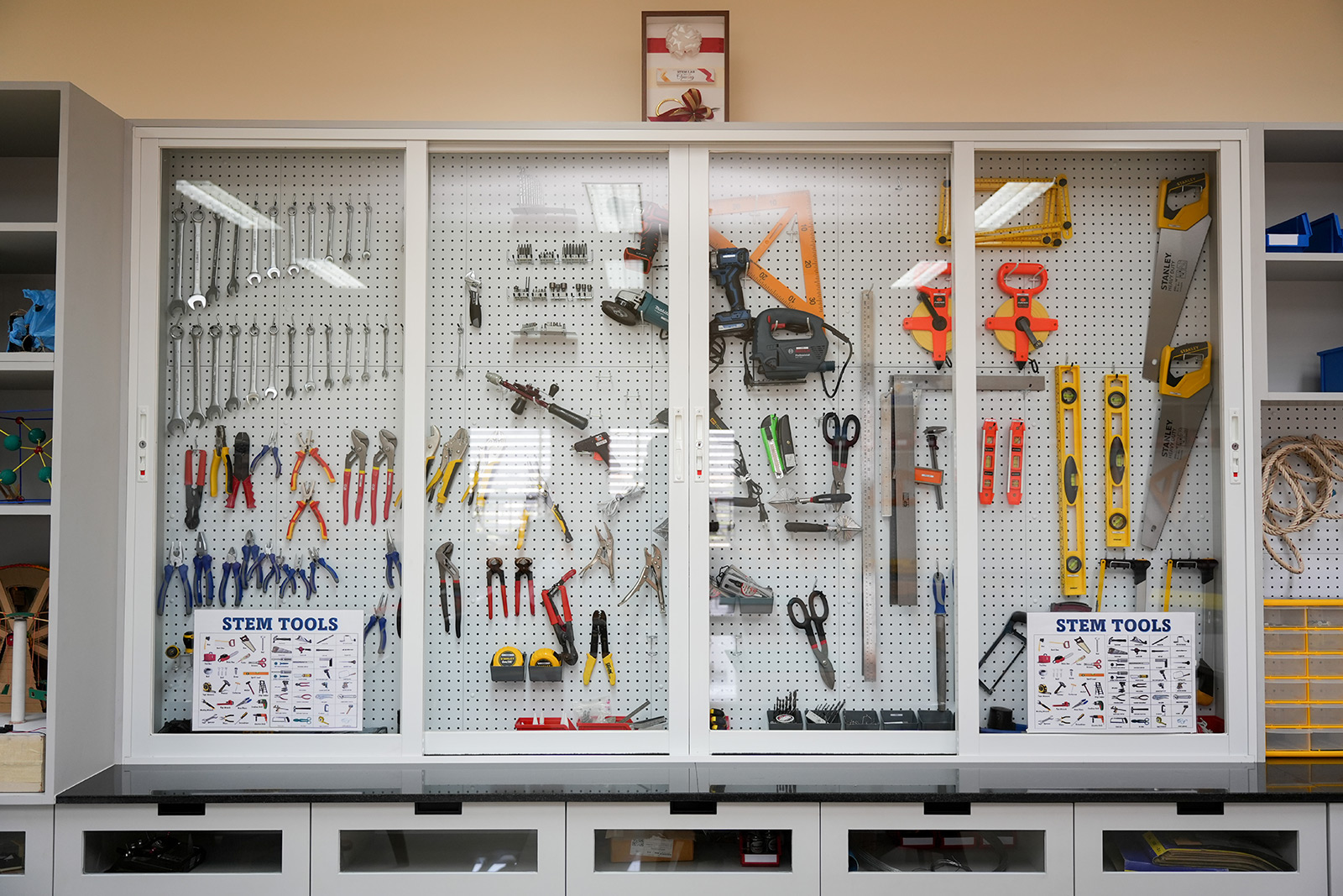 STEM lab cabinets filled with tools and equipment