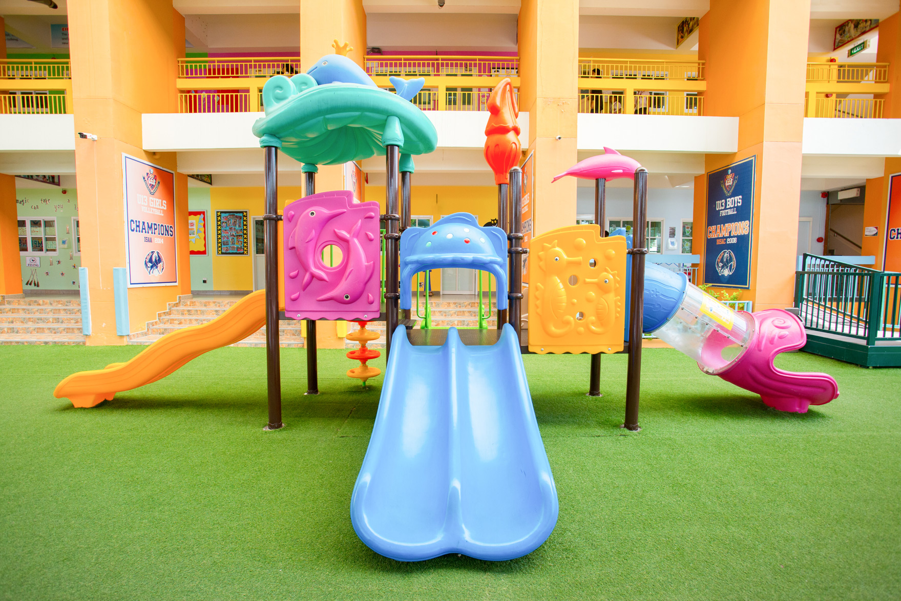 Front view of the playground climbing frame and slides
